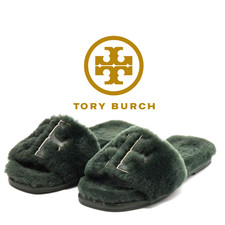 NIB Tory Burch Double T Fluffy Shearling Slides - Militare Green/Gold   Size 8.5