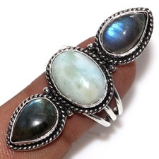 Long Larimar Fiery Labradorite 925 Silver Plated Ring US 8 Must Have Jewelry GW