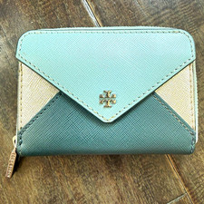 Tory Burch Leather Colorblock Zip Wallet Blue/Gold Logo Key Ring