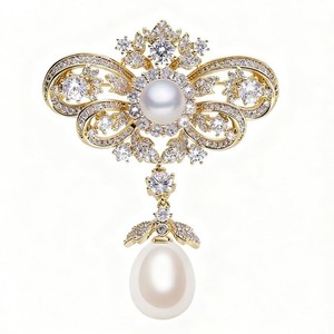 Authentic 18k Gold-plated Flower Crown Tears Pearl Zircon Crystal Brooch Pin