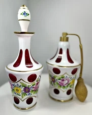 VNTG Czech Bohemian Perfume Atomizer & Decanter White Cased Cut Cranberry Glass