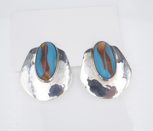 Pendientes de disco con clip de resina azul vintage plata esterlina Athalie 1,8" EE. UU. ES2651