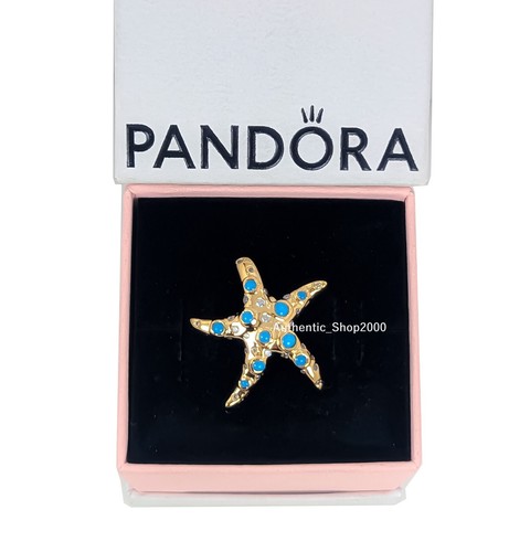 New 100% Authentic PANDORA 14k Gold Pl Sparkling Blue Starfish Charm 763818C01