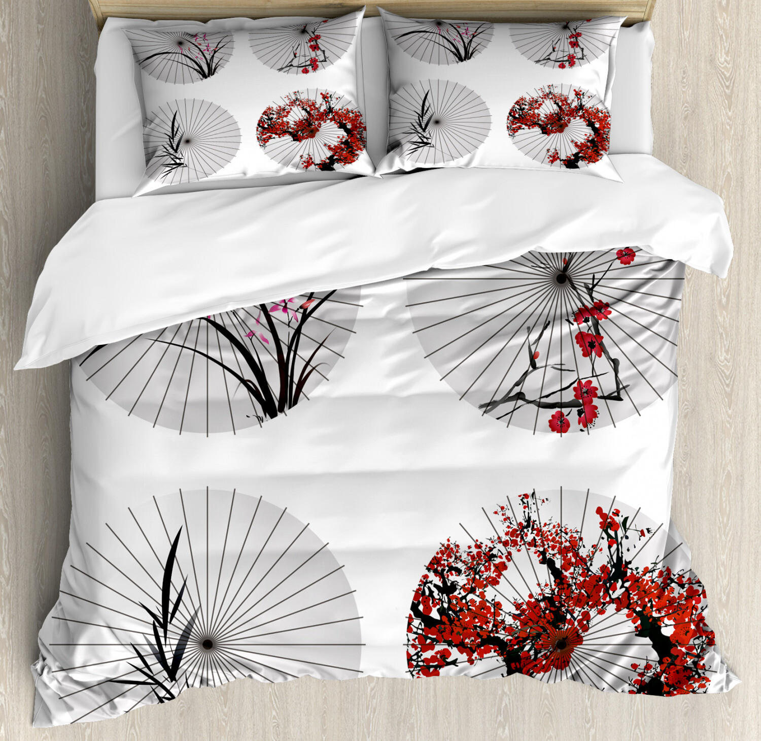 Floral Umbrella Print Fabric Duvet Cover Set with Pillow Shams  -image