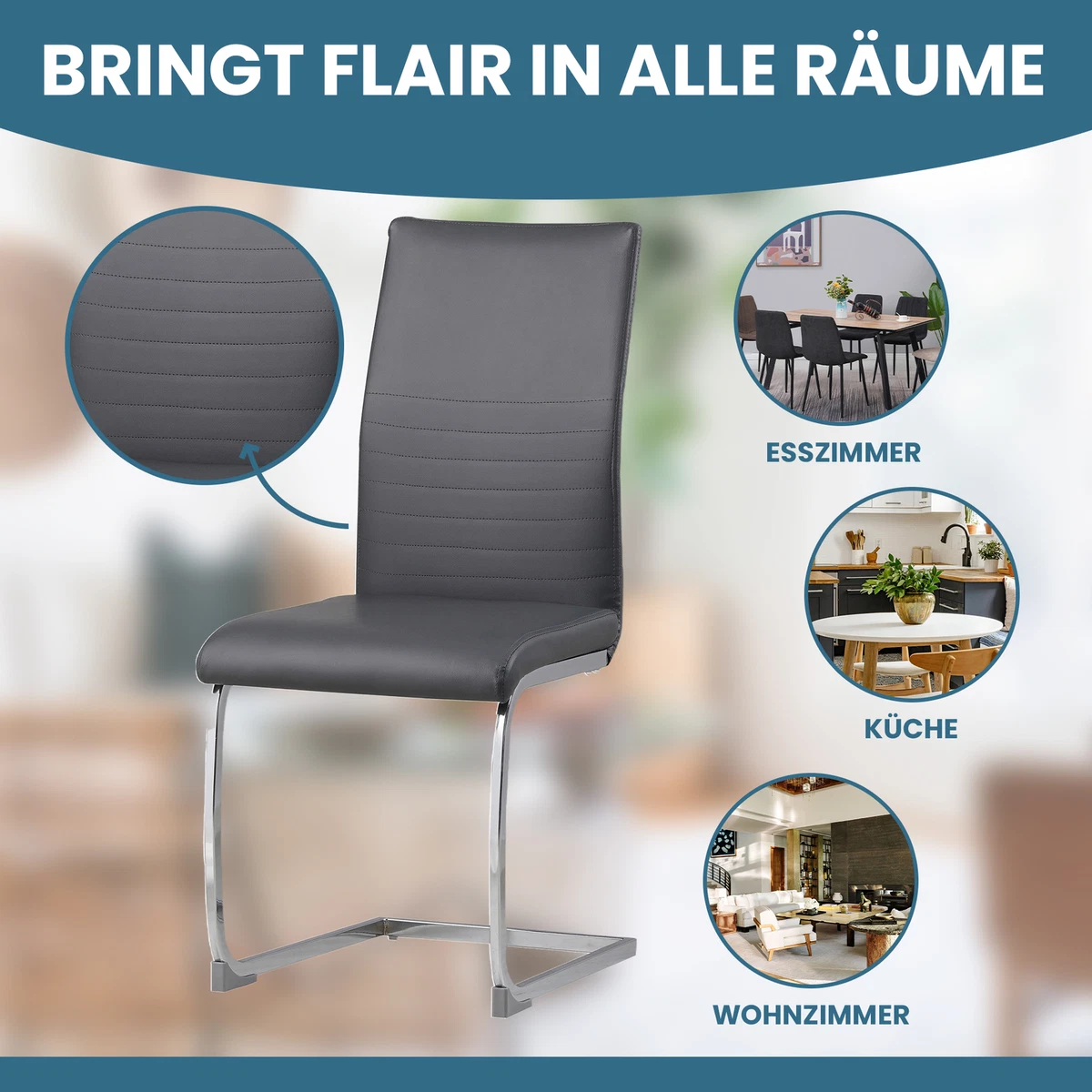 4er-Set Esszimmerstühle MURANO - Freischwinger grau Stuhl Kunstleder Küche