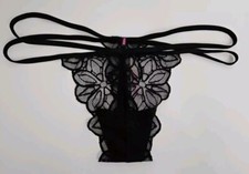 Victoria's Secret PINK Extra Low Rise Lace V-String Thong Large Black