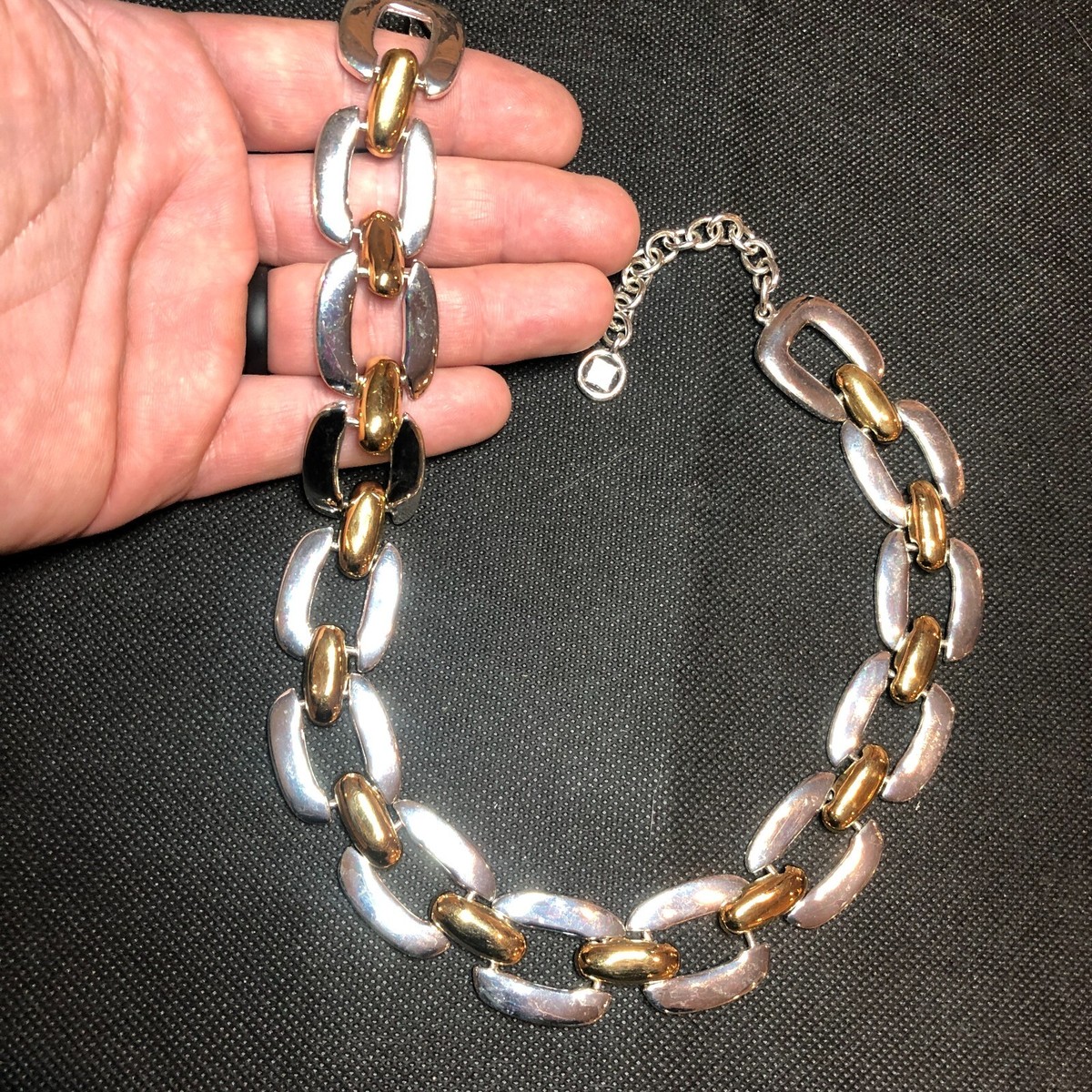 GIVENCHY SILVER & GOLD 1970'S MODERNIST CHUNKY LINK LOGO NECKLACE