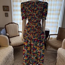 Vintage 80s Floral Dress Puff Sleeve Smocked Bodice Bow Shoulder Pads M
