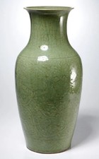 HUGE antique 19th century Qing Dynasty Chinese relief green celadon pottery vase