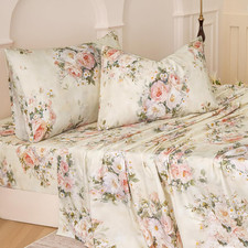 Queen Cotton Floral Bed Sheet Set 4 Piece Rose Print Deep Pocket Bedding Set