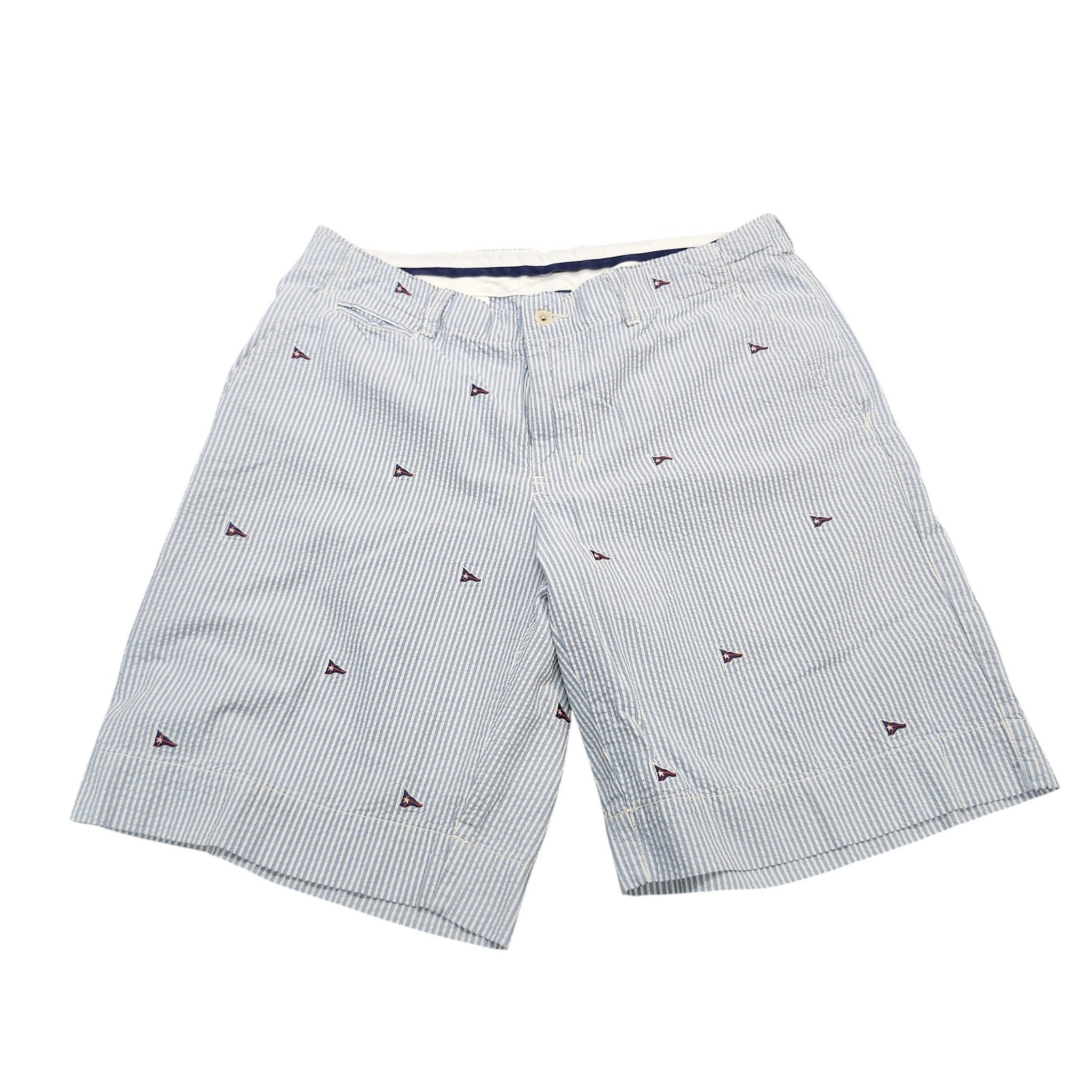 Seersucker Chino Shorts Mens 35 Blue Striped Embroidered Sailboat Nautical