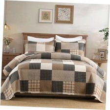 100 Cotton Quilt Set Queen Size, Queen 90"x98" Charcoal/Beige/Brown