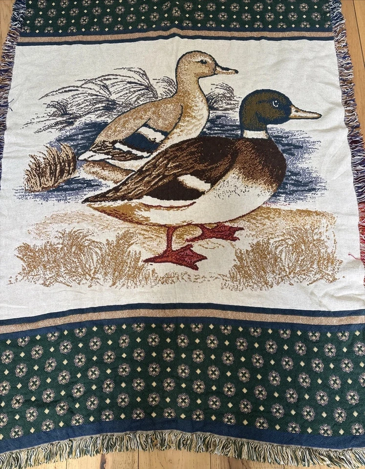 Vintage Rug Barn Mallard Duck Cotton Woven Tapestry Throw Blanket 46x67 NWT USA - Image 1 of 3