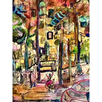 Original Watercolor City Street Painting Colorful Abstract Urban Signed Art