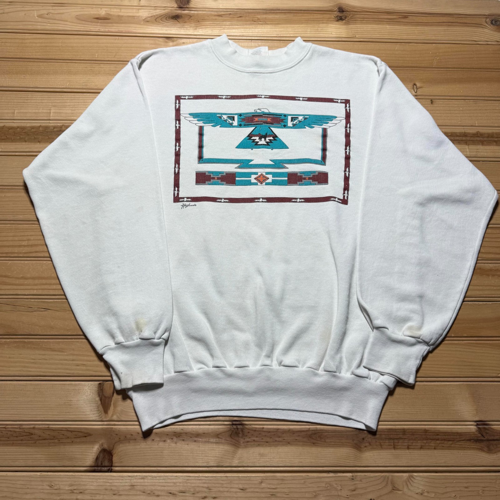 Vintage 90s Native American Southwest Thunderbird Eagle Wolf Sweatshirt USA - XL