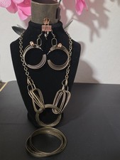 Gold Tone Geometric Fashion Jewelry Set Earrings Necklace Bracelet Metal