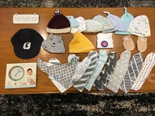 20 Plus Piece Lot Newborn to 6 Months Beanie Hats Bandana Bibs Burp Cloths 1052
