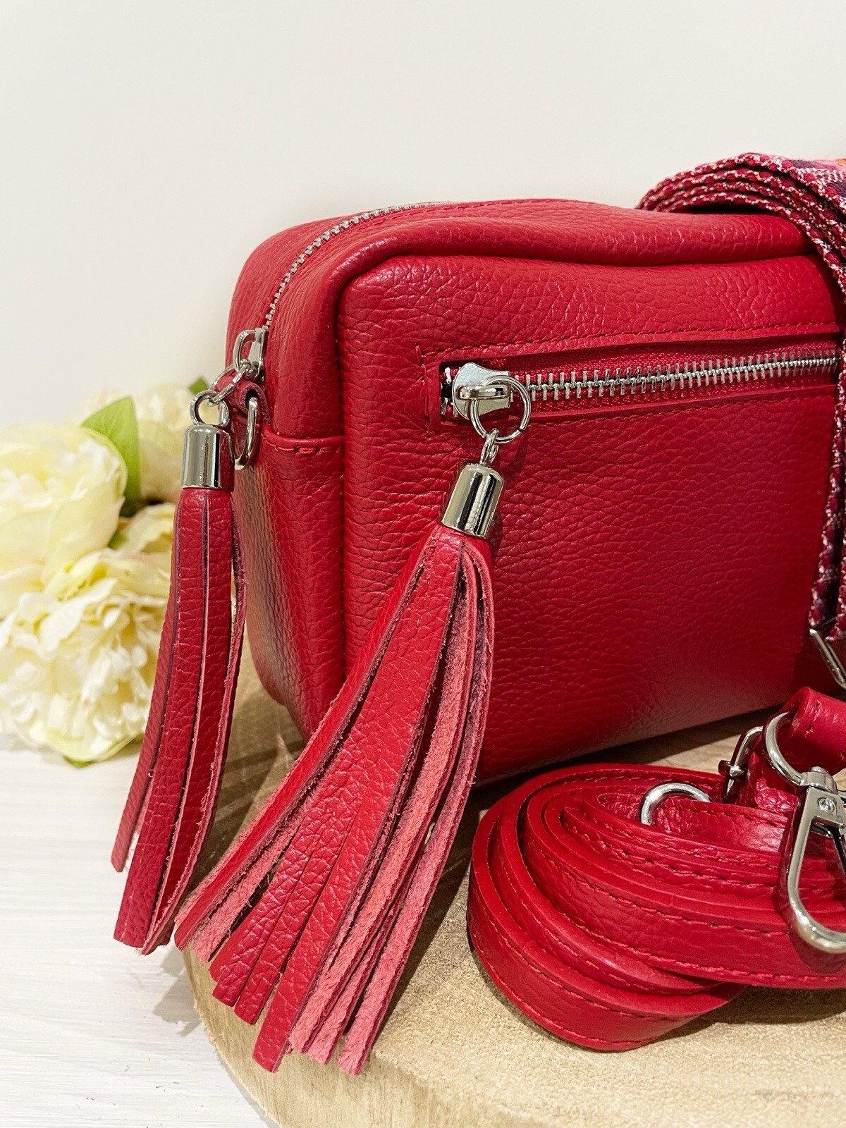 Leather Crossbody Camera Handbag Changeable Woven Strap Leather Strap