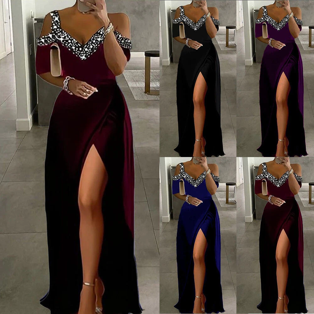 Sexy Ladies Off Shoulder V Neck Cocktail Party Evening Gown Split Long Dress