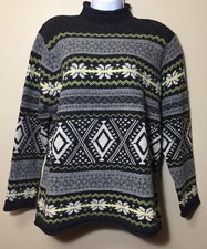 Womans Size M Gray Lambswool Fair Isle Knit Sweater Snowflakes Winter Ski Warm