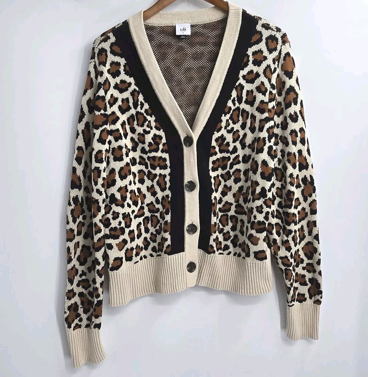 Cabi Woman Nine Lives Cardigan Jaguar Leopard Print Contrast
