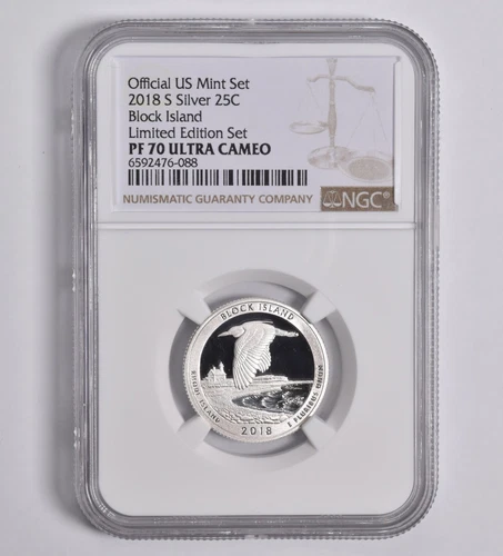 PF70 UCAM 2018-S Silver Block Island Quarter Limited Edition NGC