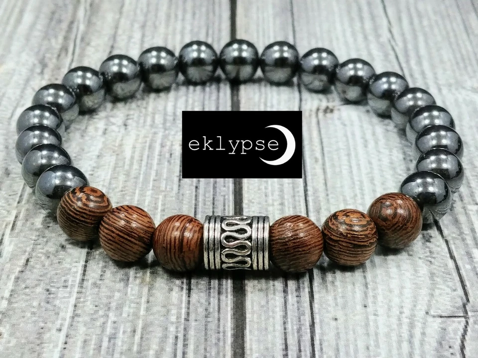 Brazalete de plata para hombre 8"L HIP 8mm madera de wengué exótica y piedras preciosas de hematita con cuentas  Foto 3 de 4
