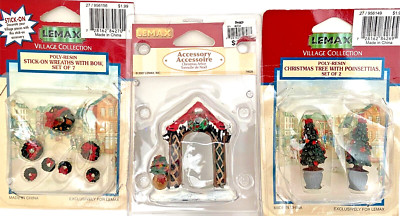 LEMAX Christmas VILLAGE Lot  ~Arbor ~Trees w/ Poinsettias & Stick-on Wreaths NEW