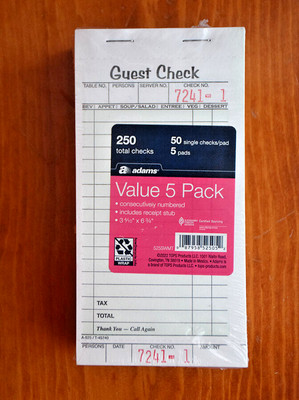 TOPS Guest Check 5-Pad Pack Single Part 50 Sheets/ea =Total 250 Cafe Slips, NEW