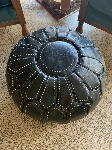 Moroccan Stitched Ottoman Pouf Pouffe Footstool NEW Goat Leather BLACK - Picture 5 of 6
