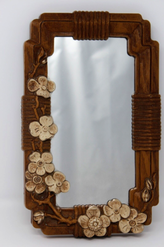 Vintage 1980 HOMCO 2403 Floral WALL MIRROR Faux Wood 3D DOGWOOD Flowers 10¾"x6¾"