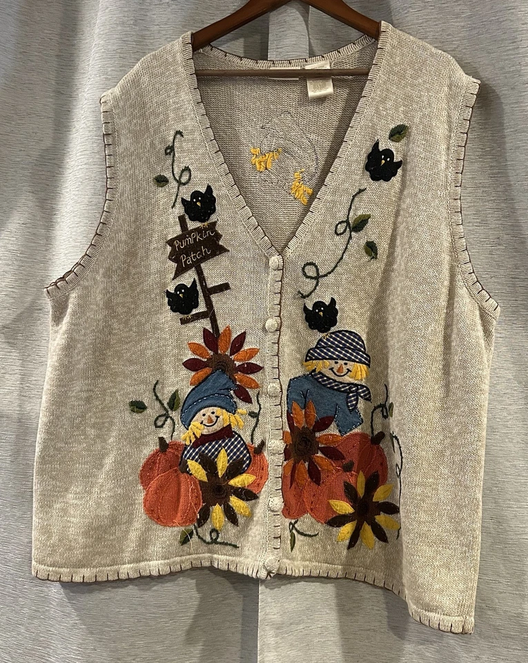 Suéter Chaleco Tejido Otoño Bobbie Brooks Vintage Parche Calabaza Halloween Bronceado 22W Foto 2 de 4