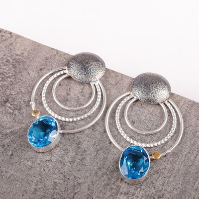 Sterling Silver Swiss Blue Topaz Art Deco Stud Unique Wedding Earrings Jewelry