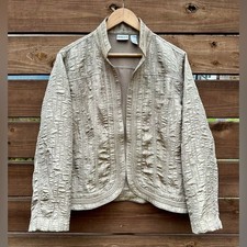 CHICOS Crinkle Texture Lagenlook Champagne Gold Open Front Long Sleeve Jacket