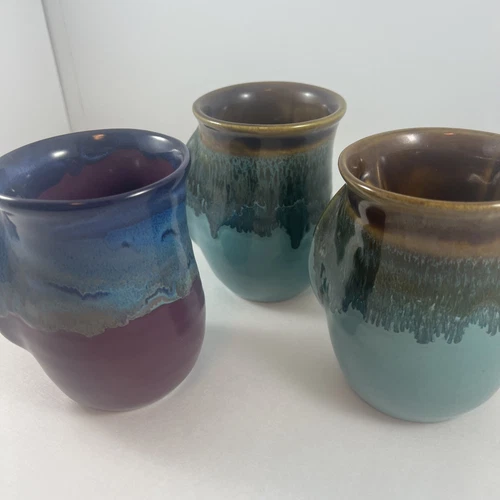 Neher Art Pottery Coffee Tea Mug HandWarmer Coffee Cup Right Hand Lot 3 Blue