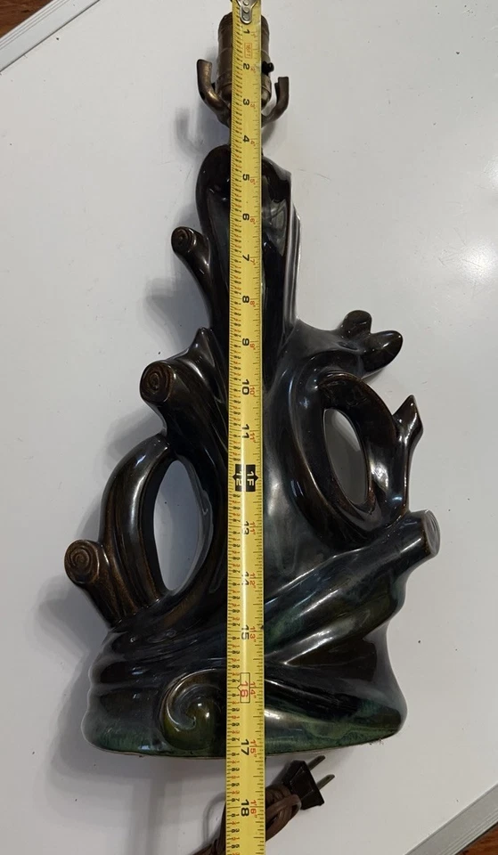 Середина века современный капельная глазурь керамическая лампа бирюзовый бронза дерево кабины редкая ретро - Изображение 4 из 4