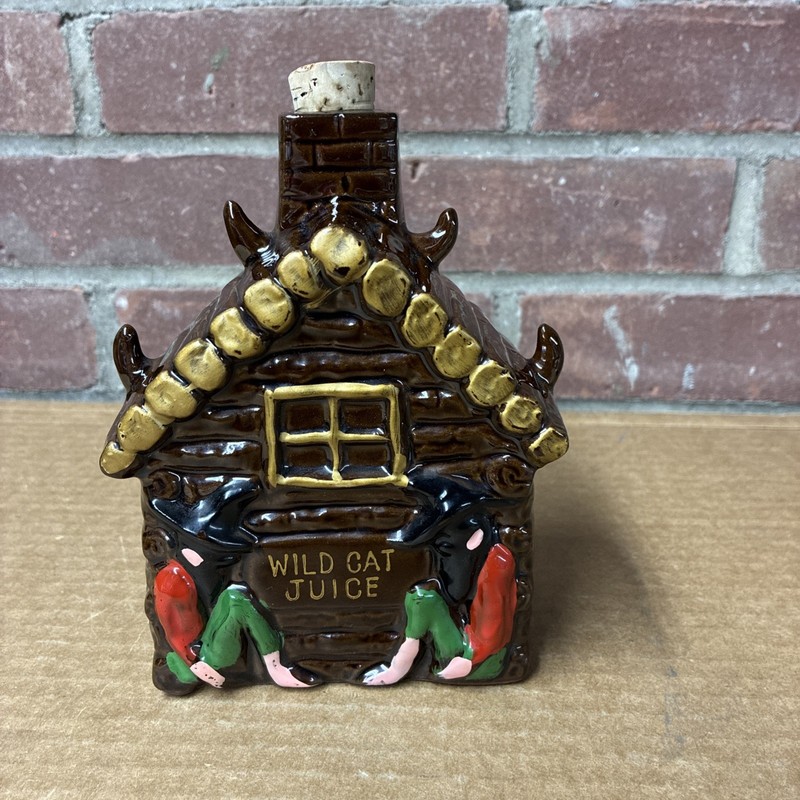 Vintage Novelty Jug, Wild Cat Juice, Hillbilly Cabin, Japan, Liquor