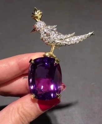 Unisex Classic Wear Lab Created Amethyst ''Bird on a Rock'' Brooch Pin 925 Silver