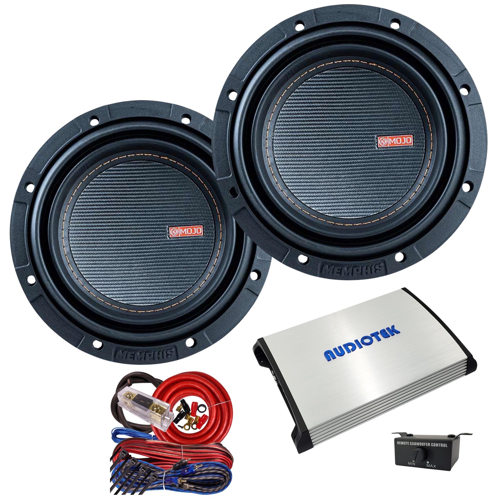 2x Memphis Audio MJM612 2800W Pair 6.5" Sub + Audiotek 7000W Car Amplifier + Kit