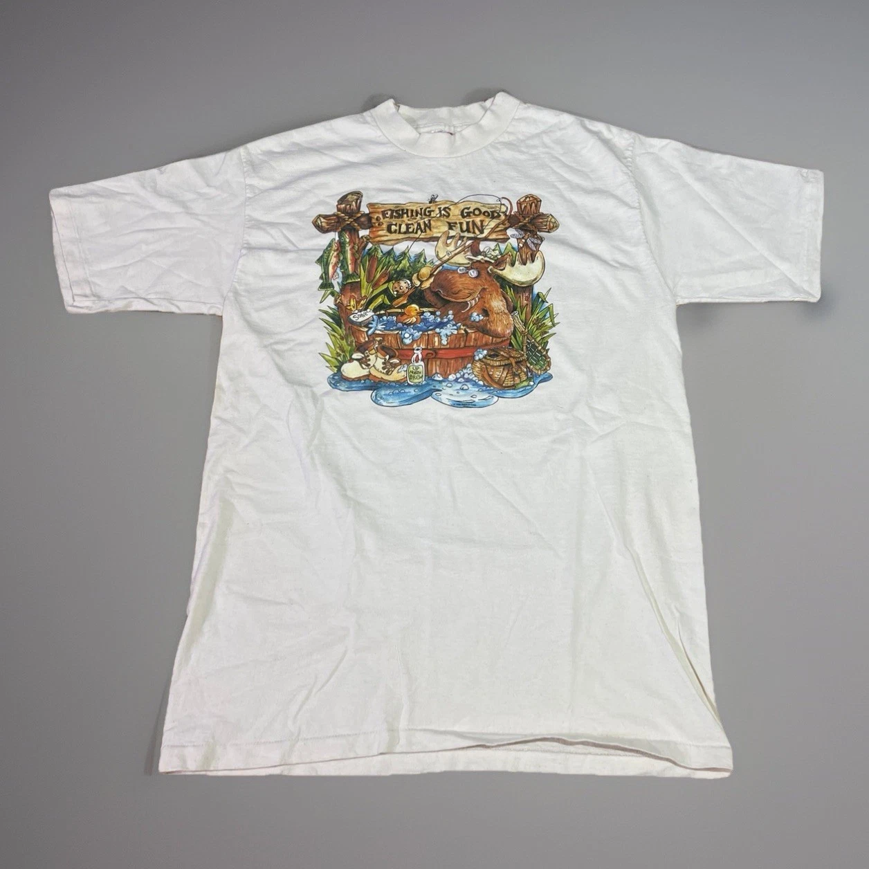 vintage american eagle 90s Moose Fishing Shirt Mens White Outdoor large usa