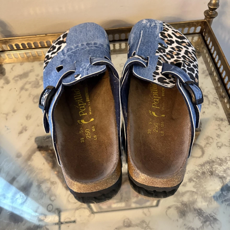 Sapatos femininos Papillio Birkenstock Boston tamanho 8 azul denim tamanco leopardo L8 M6 - Imagem 4 de 4