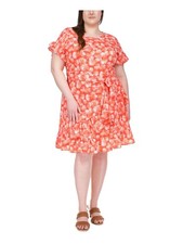MICHAEL MICHAEL KORS Womens Orange Tie Belt Cap Sleeve Faux Wrap Dress Plus 2X