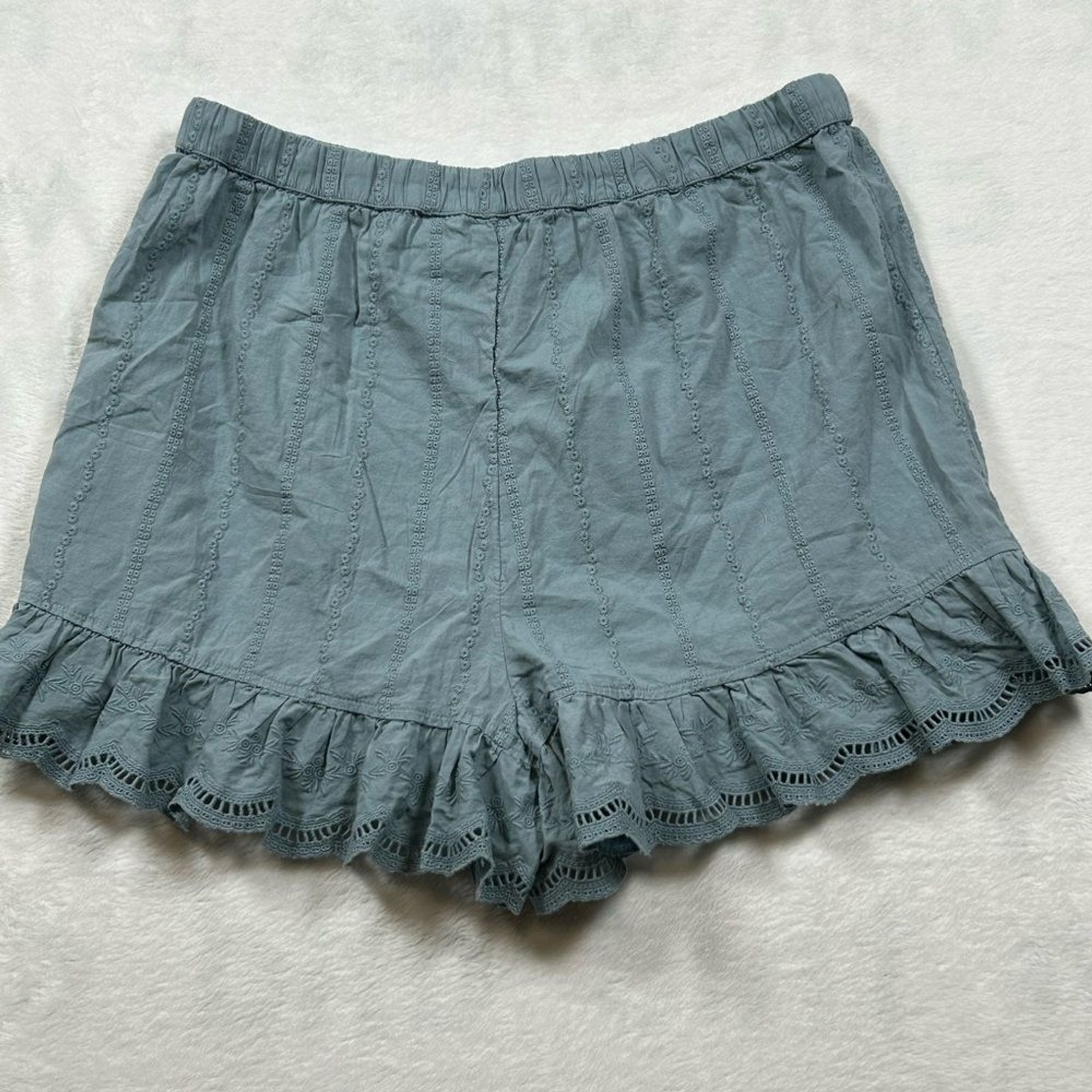 Shabby Chic Dusty Blue Pajama Shorts Size Large Eyelet Embroidered Drawstring