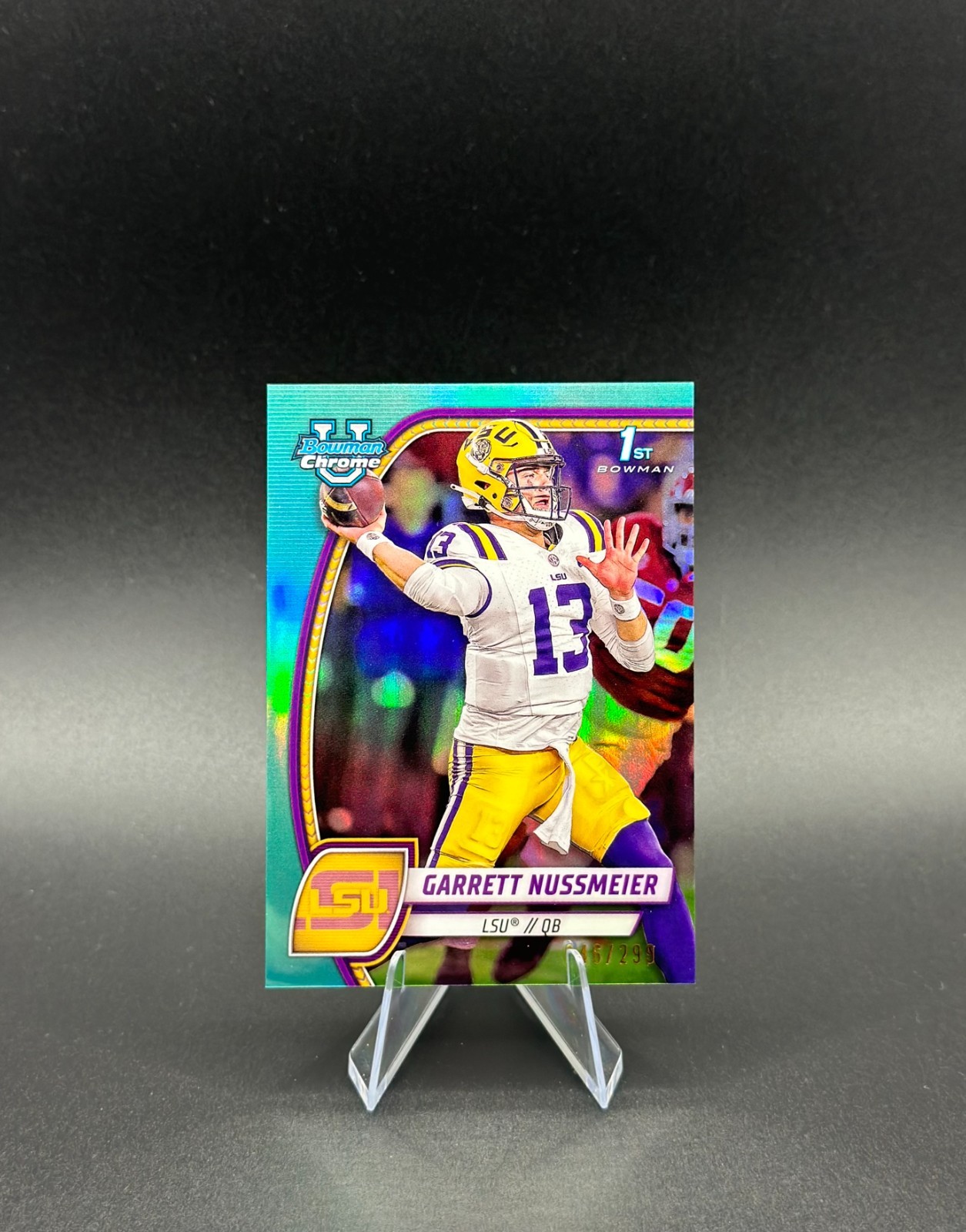 2024 Bowman University Chrome Garrett Nussmeier 1st #5 Aqua Refractor /299 (RC)