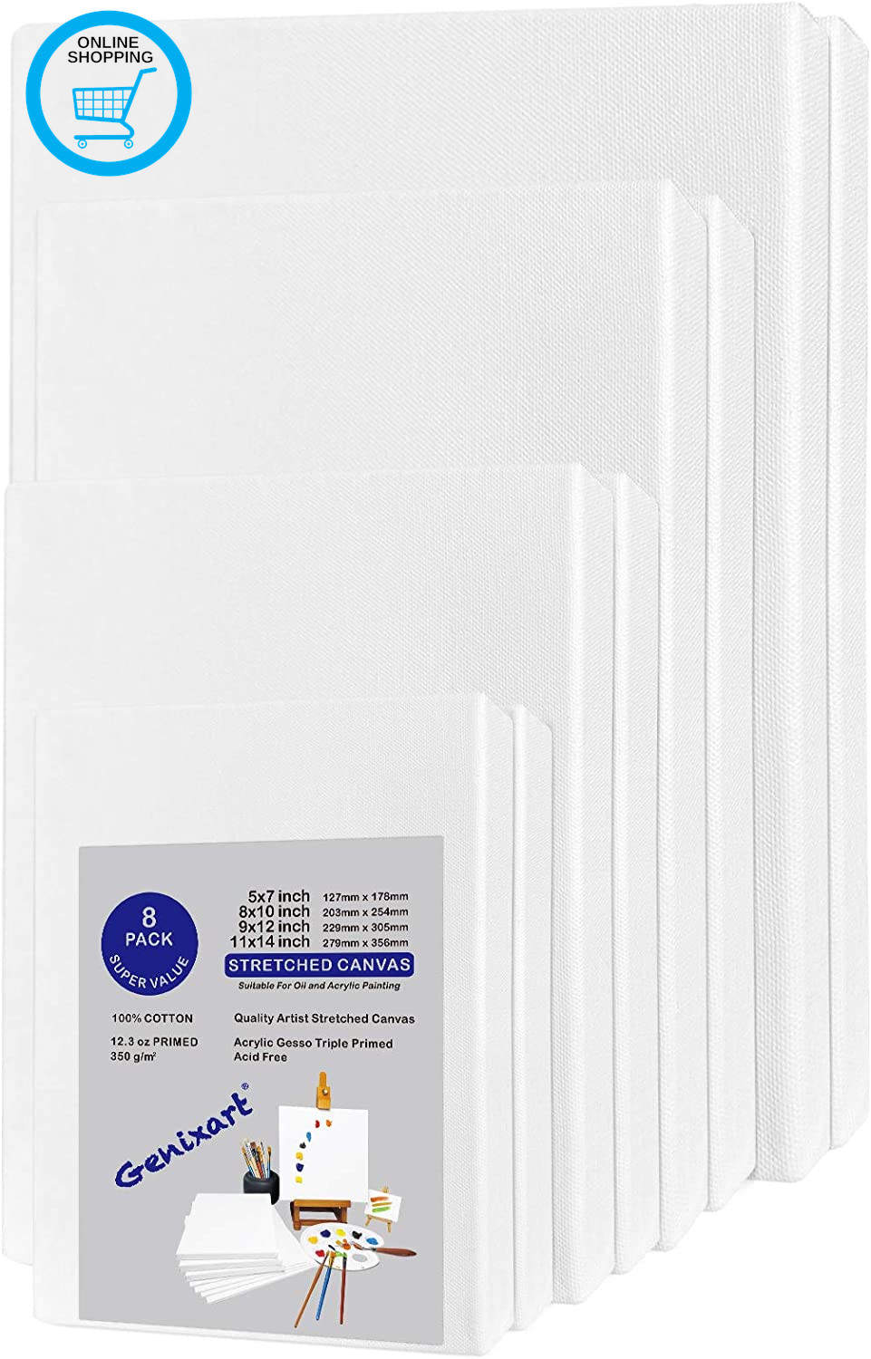 White Blank Stretched Canvas, Primed Professional Artist Canvases for Acrylics &