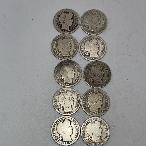 Barber Dimes Lot (10) 1904-06-07-08-11-12-13-14-15-16 All VG+