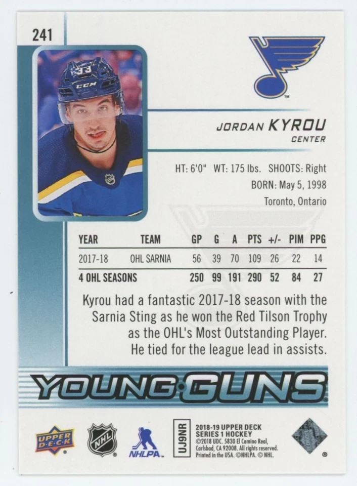 2018-19 UPPER DECK Jordan Kyrou YOUNG GUNS RC ROOKIE - Image 2 of 2