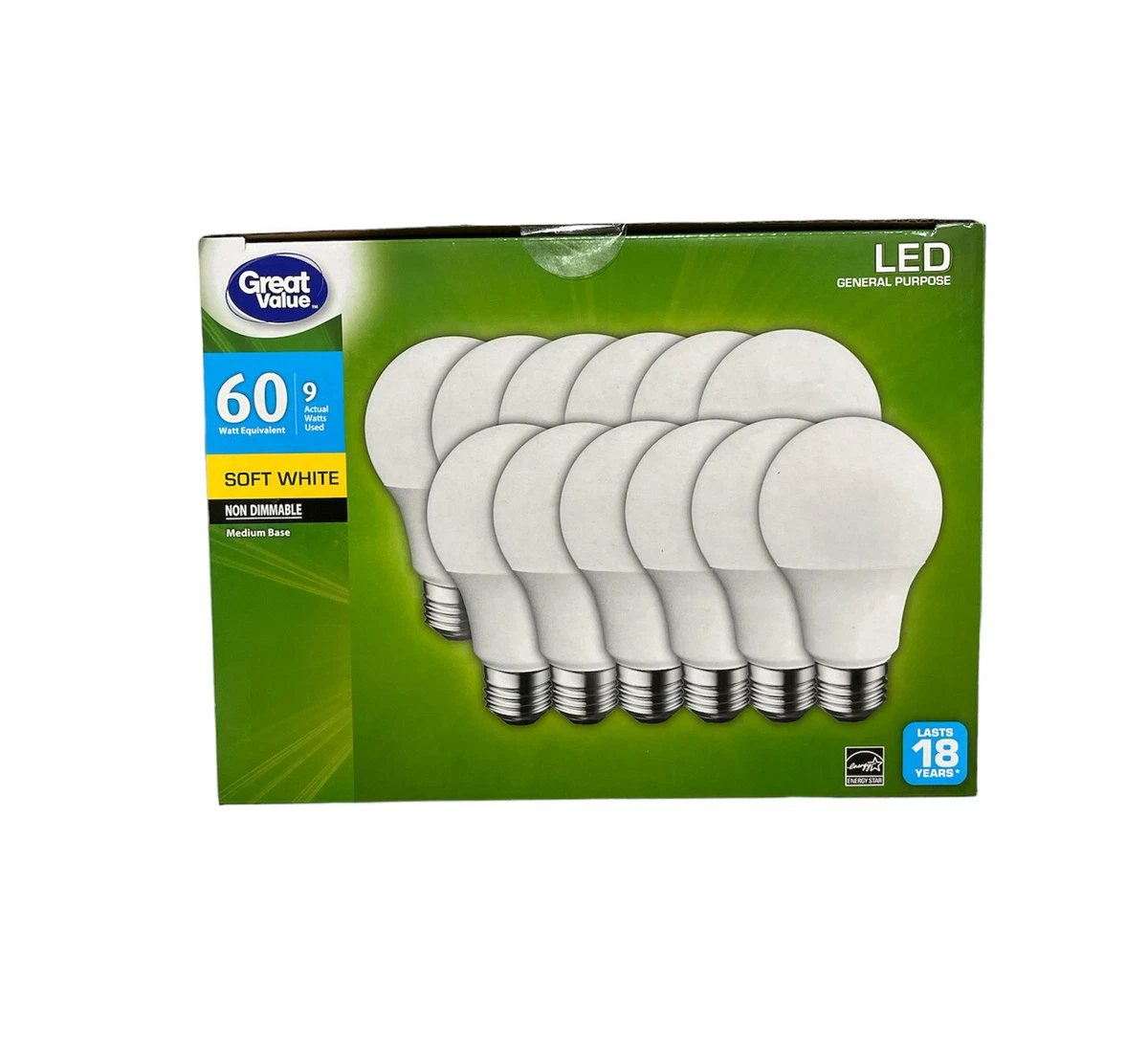 Great Value LED Light Bulb, 9W (60W Equivalent) A19 General Purpose Lamp  E26 Medium Base, Non-dimmable, Soft White, 4-Pack