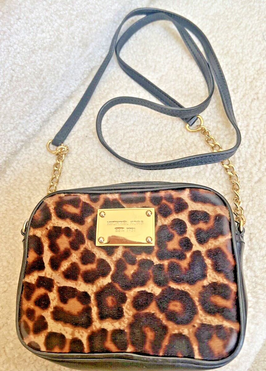 MICHAEL KORS HAMILTON BLACK LEATHER+CHEETAH PRINT+HAIRCALF CROSSBODY,BAG