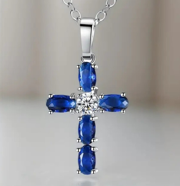 Elegant Vintage Style Blue Cubic Zirconia Cross Pendant Necklace Jewelry